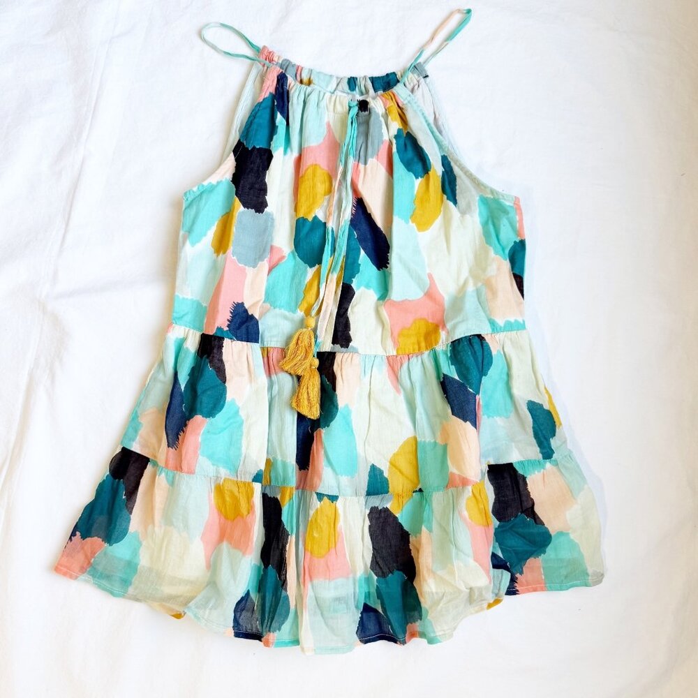 Womens THML Multicolor Sleeveless Tiered Top With Tassel Tie Neck Size S